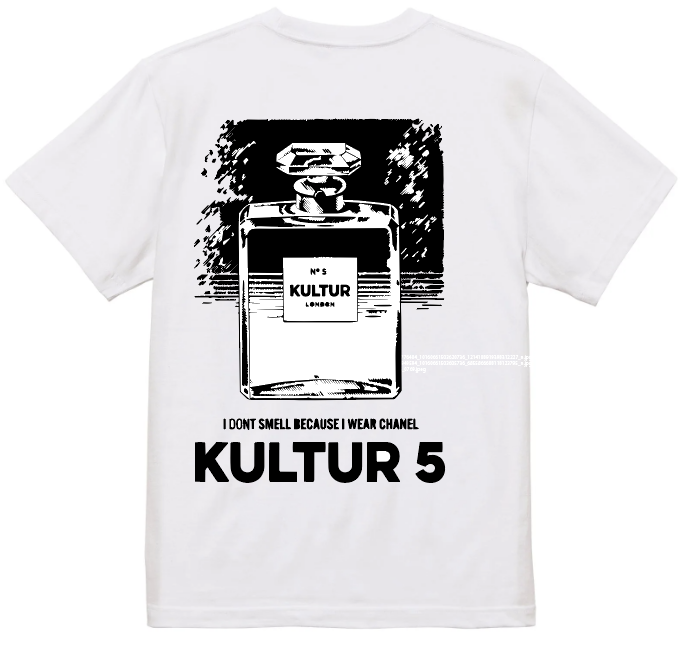 White KULTUR 5 t-shirt with a black No 5 bottle print reading KULTUR London