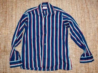 Vintage Wemblex striped shirt in navy, red and white laid flat on matting