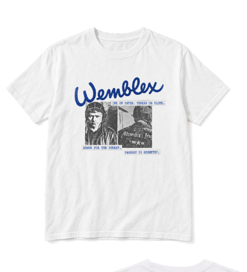 White Wemblex t-shirt with blue script and a black-and-white print of two airmen
