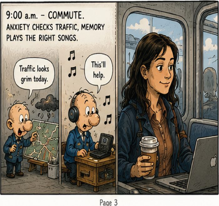 CRUSHED page 3: 9:00am commute, anxiety checks traffic.