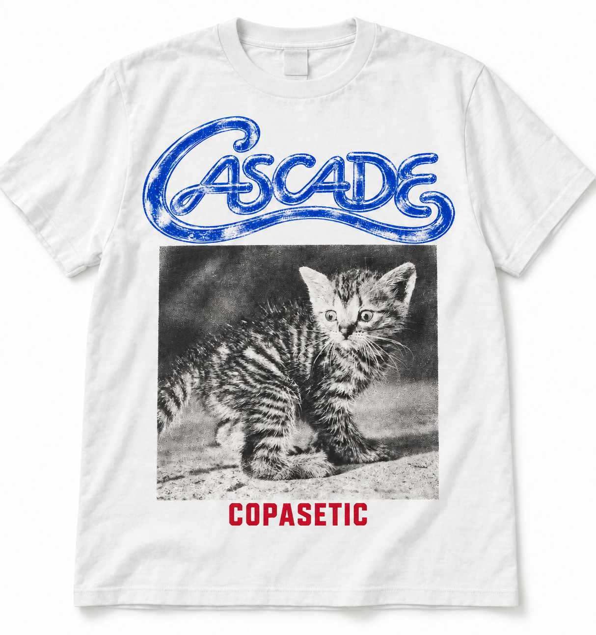 White t-shirt with blue Cascade script over a black-and-white kitten photograph and COPASETIC in red