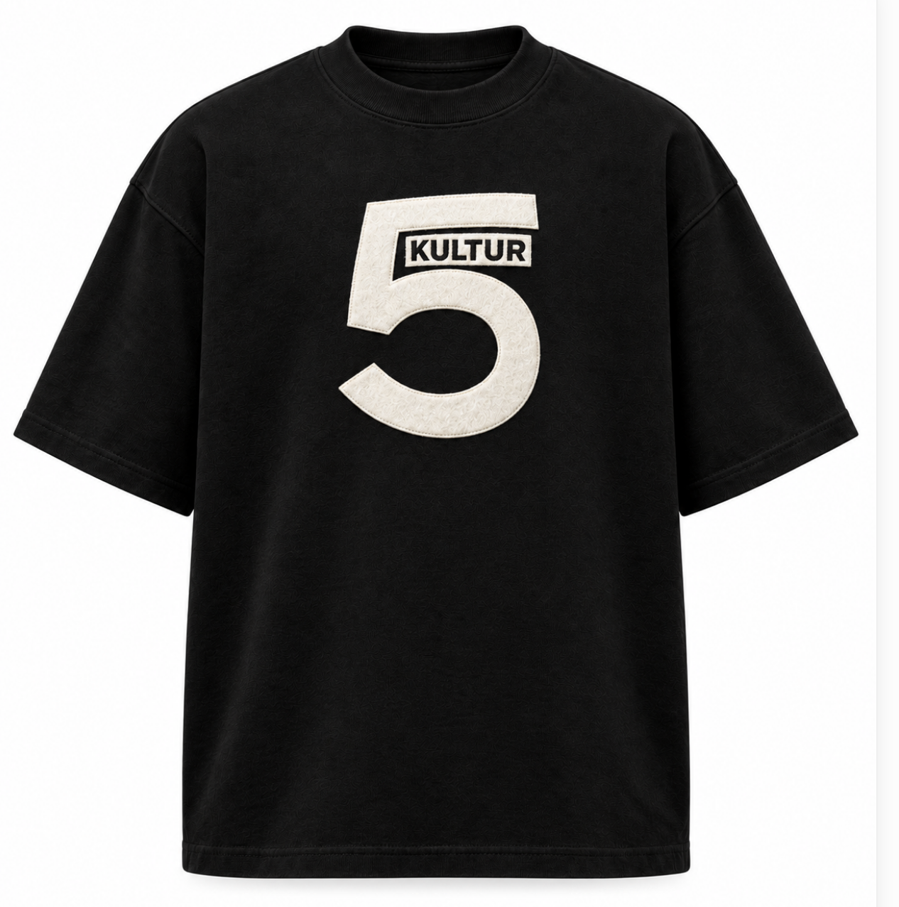Black KULTUR 5 t-shirt with bone chenille number five patch