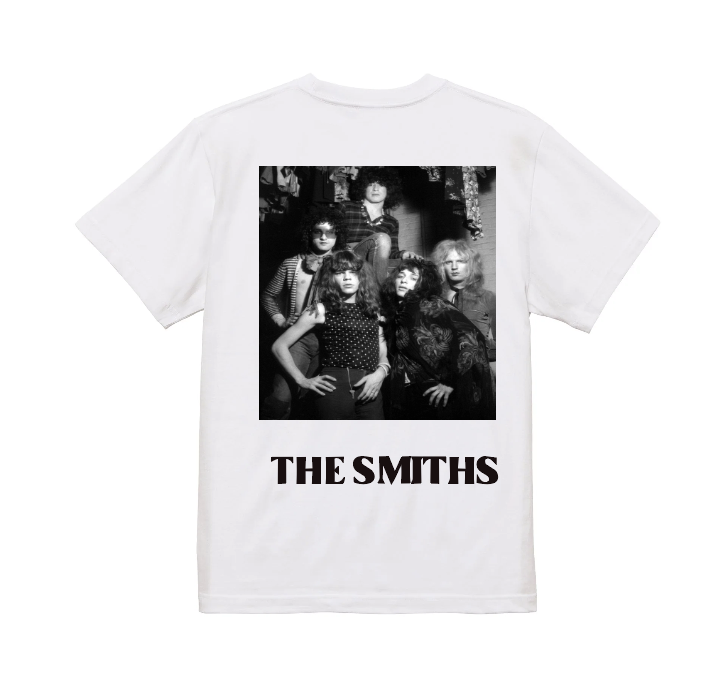 White t-shirt printed with a black-and-white band photograph and THE SMITHS across the foot