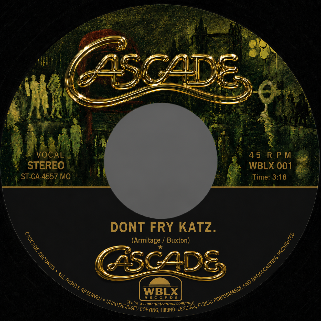 Dont Fry Katz 45 label, gold Cascade script over green painted street scene, WBLX 001